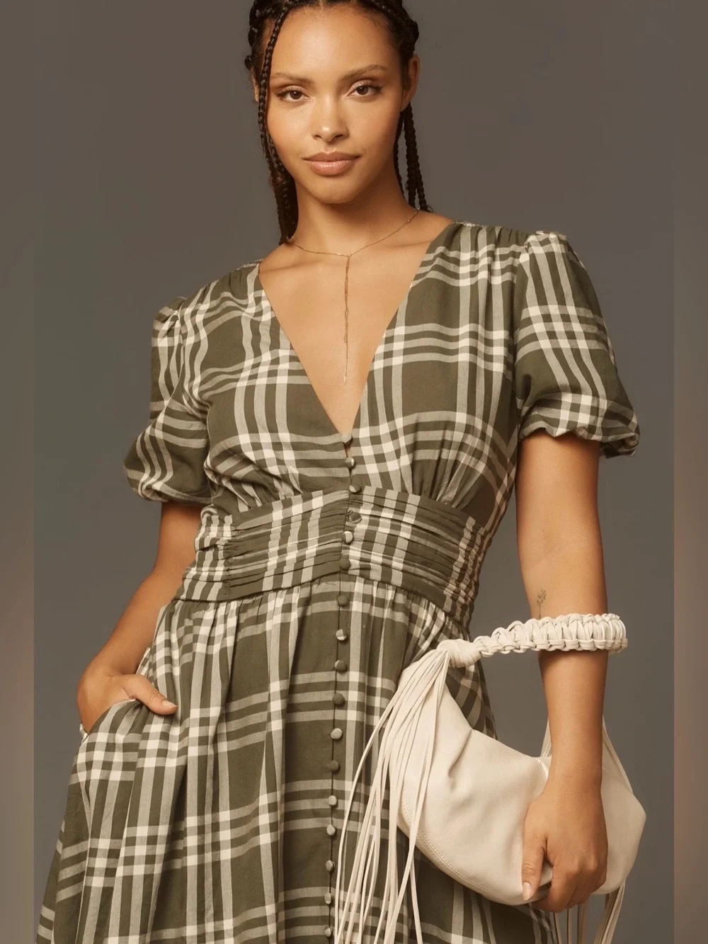 Anthropologie Katerina Button-Front Plaid Puff-Sleeve Midi Dress L - 100% Cotton - Picture 13 of 15